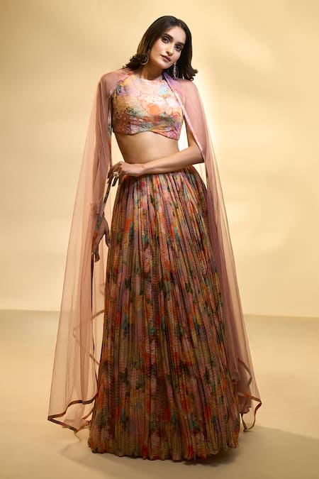 Alaya Advani Multi Color Blouse And Lehenga Tissue Printed Floral Abstract Pleated Set 