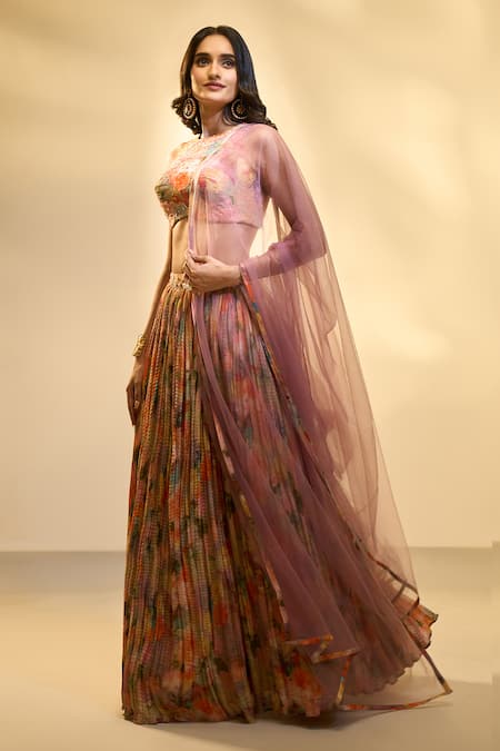 Buy_Aariyana Couture_Multi Color Tissue, Net Sequins, Abstract Floral Print Pleated Lehenga Set _Online_at_Aza_Fashions