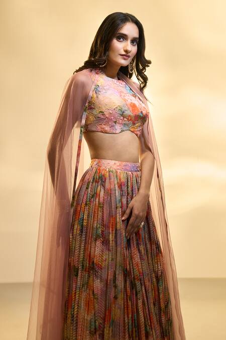 Aariyana Couture_Multi Color Tissue, Net Sequins, Abstract Floral Print Pleated Lehenga Set _at_Aza_Fashions