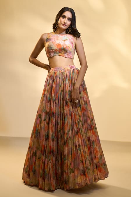 Buy_Aariyana Couture_Multi Color Tissue, Net Sequins, Abstract Floral Print Pleated Lehenga Set 