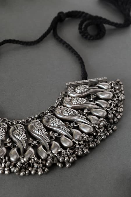 Mero Jewellery_Silver Plated Peacock Ghunghroo Tassel Necklace _Online_at_Aza_Fashions