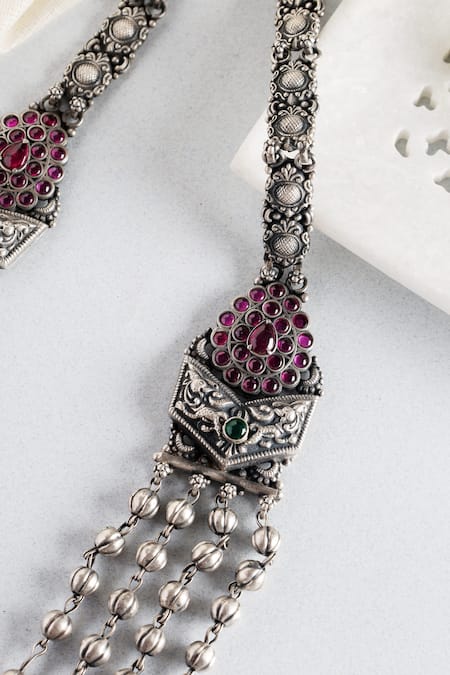 Shop Mero Jewellery Silver Plated Tribal Four Layered Carved Necklace at Aza Fashions Shop_Mero Jewellery_Silver Plated Tribal Four Layered Carved Necklace _at_Aza_Fashions