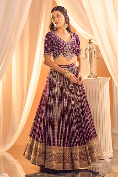 Aariyana Couture Purple Silk, Georgette Sequins, Tassels, Stones V-neck Hand Work Lehenga Set Online at Aza Fashions Aariyana Couture_Purple Silk, Georgette Sequins, Tassels, Stones V-neck Hand Work Lehenga Set _Online_at_Aza_Fashions