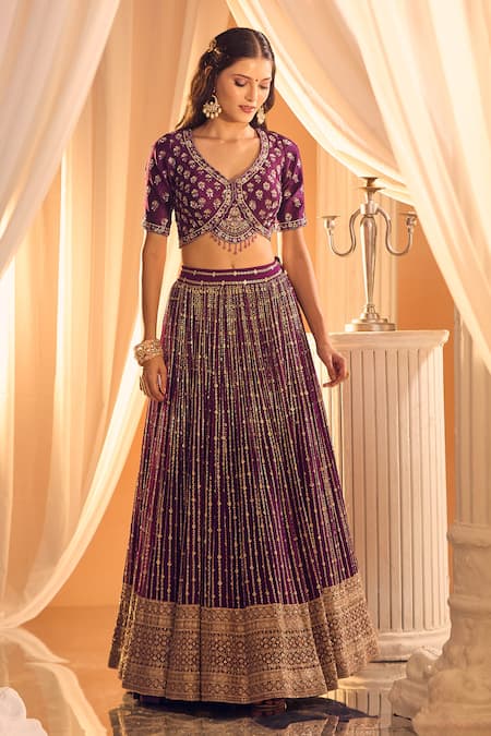 Buy Aariyana Couture Purple Silk, Georgette Sequins, Tassels, Stones V-neck Hand Work Lehenga Set Online at Aza Fashions Buy_Aariyana Couture_Purple Silk, Georgette Sequins, Tassels, Stones V-neck Hand Work Lehenga Set _Online_at_Aza_Fashions
