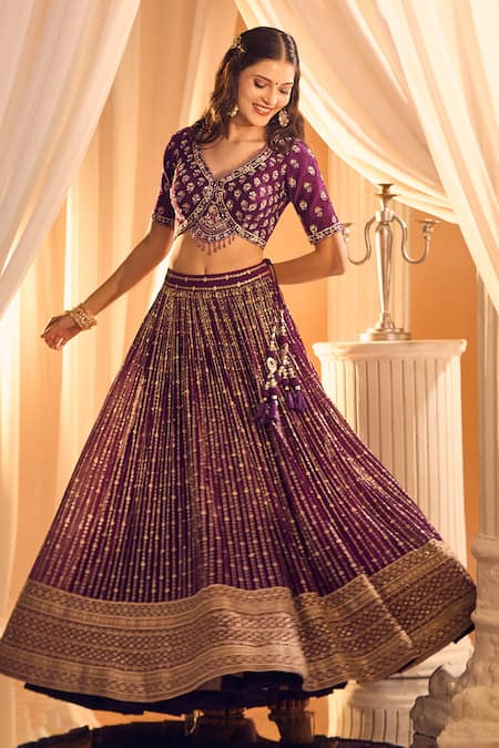 Aariyana Couture Purple Silk, Georgette Sequins, Tassels, Stones V-neck Hand Work Lehenga Set at Aza Fashions Aariyana Couture_Purple Silk, Georgette Sequins, Tassels, Stones V-neck Hand Work Lehenga Set _at_Aza_Fashions