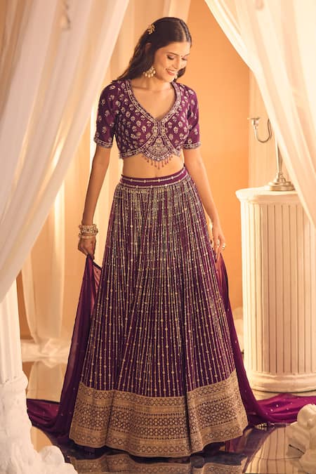 Shop Aariyana Couture Purple Silk, Georgette Sequins, Tassels, Stones V-neck Hand Work Lehenga Set Shop_Aariyana Couture_Purple Silk, Georgette Sequins, Tassels, Stones V-neck Hand Work Lehenga Set