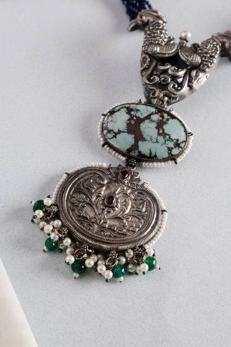 Mero Jewellery_Silver Plated Bird Of Pride Long Temple Pendant Necklace _Online_at_Aza_Fashions