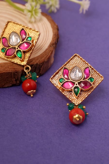 Shop Mero Jewellery Gold Plated Diamonds, Stones Lotus Carved Kundan Earrings at Aza Fashions Shop_Mero Jewellery_Gold Plated Diamonds, Stones Lotus Carved Kundan Earrings _at_Aza_Fashions