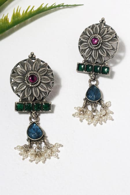 Mero Jewellery Blue Kempstone Sunflower Carved Tribal Earrings 