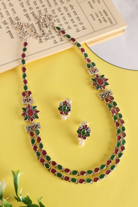 Mero Jewellery Maroon Onyx Stone Floral Shaped Layered Necklace Set 