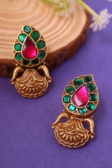 Mero Jewellery Gold Plated Kundan Studded Paisley Temple Earrings 