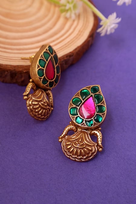 Shop Mero Jewellery Gold Plated Crystals, Stones Kundan Studded Paisley Temple Earrings at Aza Fashions Shop_Mero Jewellery_Gold Plated Crystals, Stones Kundan Studded Paisley Temple Earrings _at_Aza_Fashions