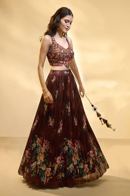 Shop_Aariyana Couture_Brown Silk, Muslin, Net Embroidery, Sequins Floral Print Pleated Lehenga Set _Online_at_Aza_Fashions
