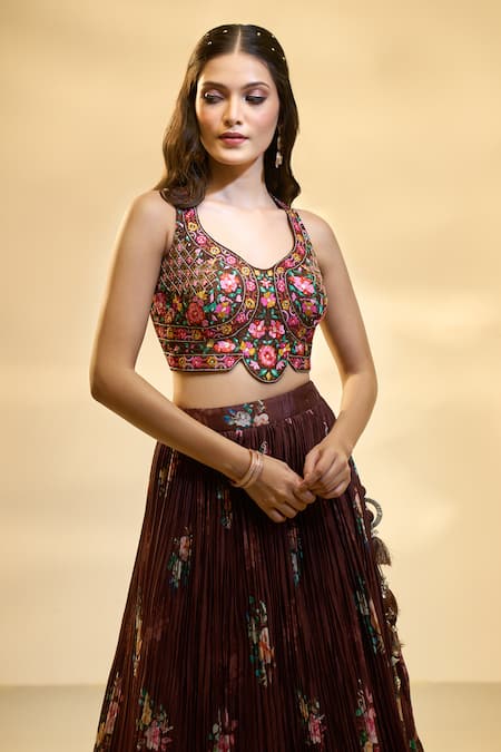 Aariyana Couture_Brown Silk, Muslin, Net Embroidery, Sequins Floral Print Pleated Lehenga Set _at_Aza_Fashions