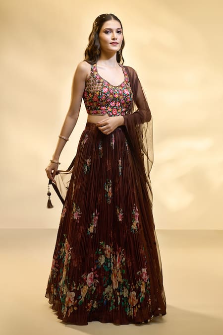 Buy_Aariyana Couture_Brown Silk, Muslin, Net Embroidery, Sequins Floral Print Pleated Lehenga Set 
