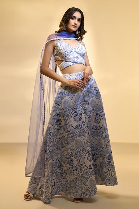 Buy_Aariyana Couture_Blue Hemp, Net Sequins Sweetheart Neck Floral Art Print Palazzo Set 