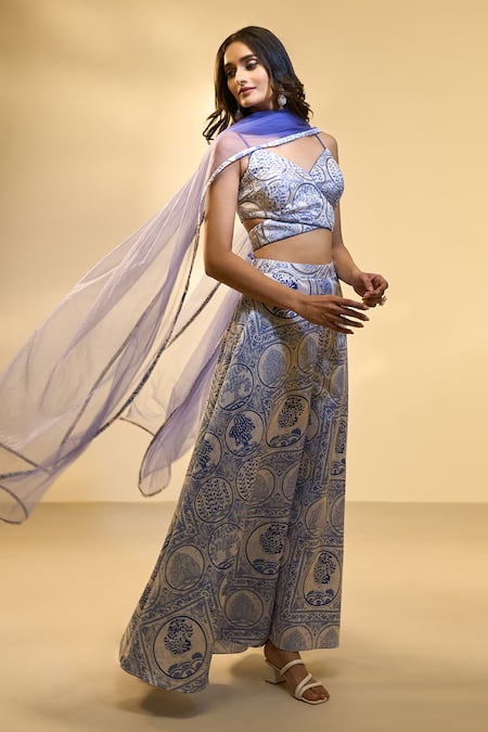 Shop_Aariyana Couture_Blue Hemp, Net Sequins Sweetheart Neck Floral Art Print Palazzo Set 