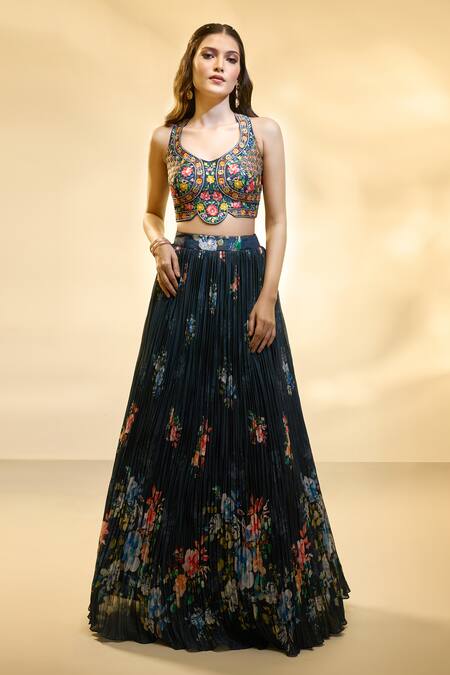 Buy Ariyana By Aza Emerald Green Silk, Net, Muslin Embroidery, Pleated Floral Print Lehenga Set Online at Aza Fashions Buy_Ariyana By Aza_Emerald Green Silk, Net, Muslin Embroidery, Pleated Floral Print Lehenga Set _Online_at_Aza_Fashions