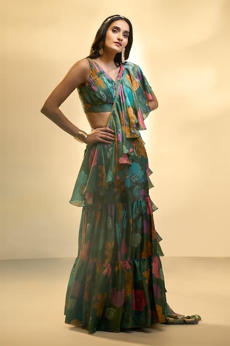 Shop Ariyana By Aza Green Tissue Sequins V-neck Floral Print Pre-draped Ruffle Saree With Blouse at Aza Fashions Shop_Ariyana By Aza_Green Tissue Sequins V-neck Floral Print Pre-draped Ruffle Saree With Blouse _at_Aza_Fashions
