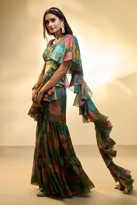 Buy Ariyana By Aza Green Tissue Sequins V-neck Floral Print Pre-draped Ruffle Saree With Blouse Online at Aza Fashions Buy_Ariyana By Aza_Green Tissue Sequins V-neck Floral Print Pre-draped Ruffle Saree With Blouse _Online_at_Aza_Fashions