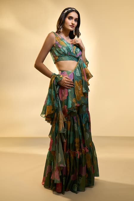 Shop Ariyana By Aza Green Tissue Sequins V-neck Floral Print Pre-draped Ruffle Saree With Blouse Online at Aza Fashions Shop_Ariyana By Aza_Green Tissue Sequins V-neck Floral Print Pre-draped Ruffle Saree With Blouse _Online_at_Aza_Fashions