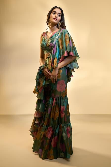 Ariyana By Aza Green Tissue Sequins V-neck Floral Print Pre-draped Ruffle Saree With Blouse at Aza Fashions Ariyana By Aza_Green Tissue Sequins V-neck Floral Print Pre-draped Ruffle Saree With Blouse _at_Aza_Fashions