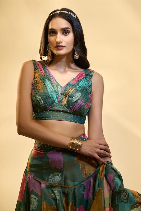 Shop Ariyana By Aza Green Tissue Sequins V-neck Floral Print Pre-draped Ruffle Saree With Blouse Shop_Ariyana By Aza_Green Tissue Sequins V-neck Floral Print Pre-draped Ruffle Saree With Blouse