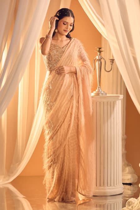 Shop Ariyana By Aza Peach Viscose, Net Sequins, Feathers Pre-draped Saree With Embroidered Blouse Online at Aza Fashions Shop_Ariyana By Aza_Peach Viscose, Net Sequins, Feathers Pre-draped Saree With Embroidered Blouse _Online_at_Aza_Fashions