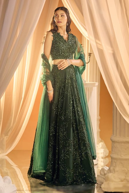 Shop_Aariyana Couture_Green Net Sequins V-neck Tropical Embroidered Lehenga Set _at_Aza_Fashions