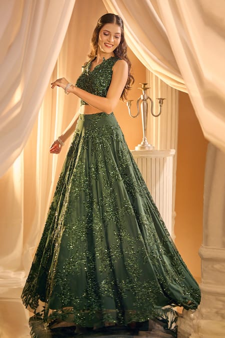 Buy_Aariyana Couture_Green Net Sequins V-neck Tropical Embroidered Lehenga Set 