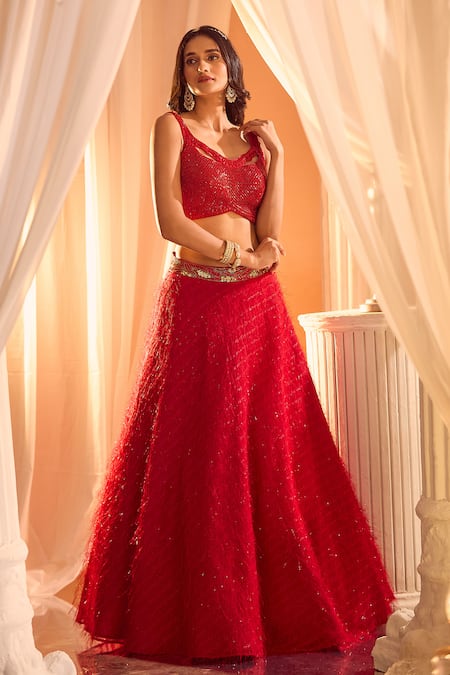 Buy Aariyana Couture Red Viscose, Net Sequins, Feathers Scoop Neck Lehenga And Embellished Blouse Set Online at Aza Fashions Buy_Aariyana Couture_Red Viscose, Net Sequins, Feathers Scoop Neck Lehenga And Embellished Blouse Set _Online_at_Aza_Fashions