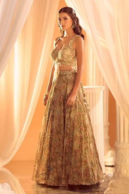Aariyana Couture Green Silk Sequins, Zari, Pearls, Tassels Sweetheart Floral Print Lehenga Set Online at Aza Fashions Aariyana Couture_Green Silk Sequins, Zari, Pearls, Tassels Sweetheart Floral Print Lehenga Set _Online_at_Aza_Fashions
