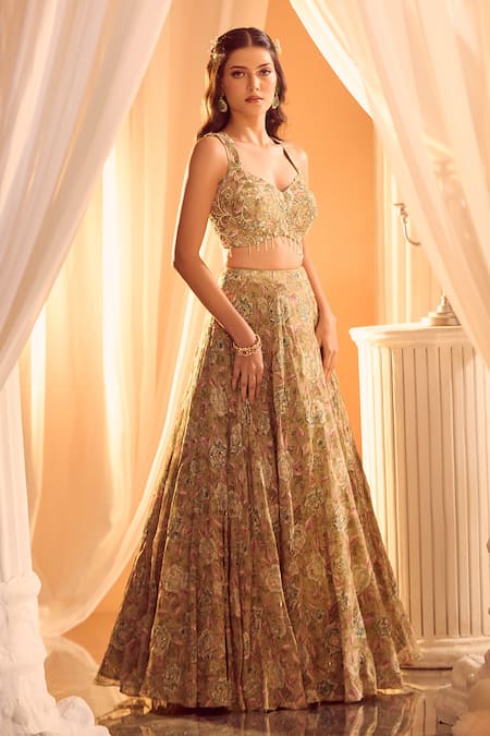 Buy Aariyana Couture Green Silk Sequins, Zari, Pearls, Tassels Sweetheart Floral Print Lehenga Set Online at Aza Fashions Buy_Aariyana Couture_Green Silk Sequins, Zari, Pearls, Tassels Sweetheart Floral Print Lehenga Set _Online_at_Aza_Fashions