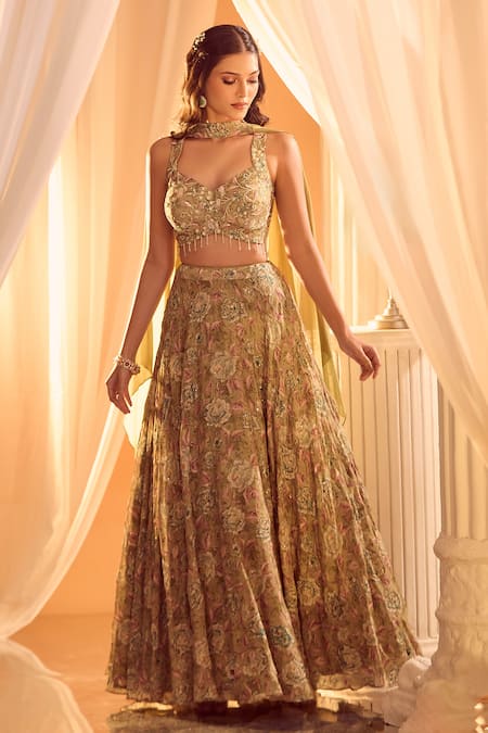 Buy Aariyana Couture Green Silk Sequins, Zari, Pearls, Tassels Sweetheart Floral Print Lehenga Set Buy_Aariyana Couture_Green Silk Sequins, Zari, Pearls, Tassels Sweetheart Floral Print Lehenga Set
