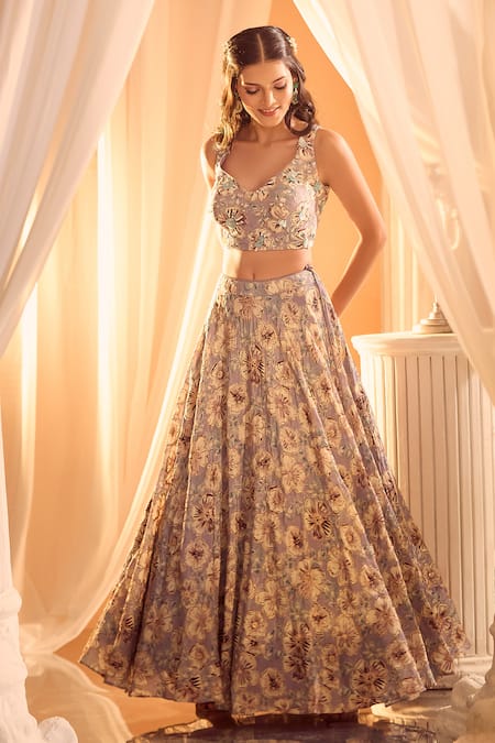Buy_Aariyana Couture_Purple , Satin Sequins, Zari, Floral Print Lehenga Blouse Set_Online_at_Aza_Fashions