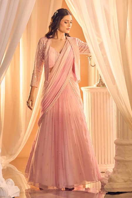 Shop_Aariyana Couture_Pink Viscose, Georgette Beads, Sequins Embroidered Lehenga Saree Set With Jacket _Online_at_Aza_Fashions