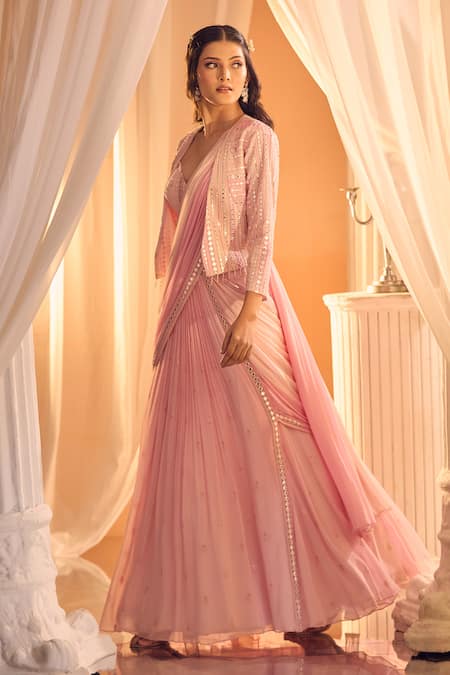 Shop_Aariyana Couture_Pink Viscose, Georgette Beads, Sequins Embroidered Lehenga Saree Set With Jacket 