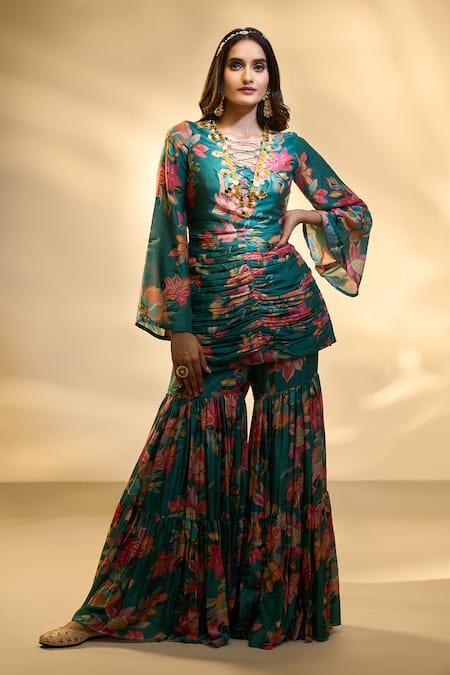 Aariyana Couture Floral Print Ruched Tunic & Sharara Set 