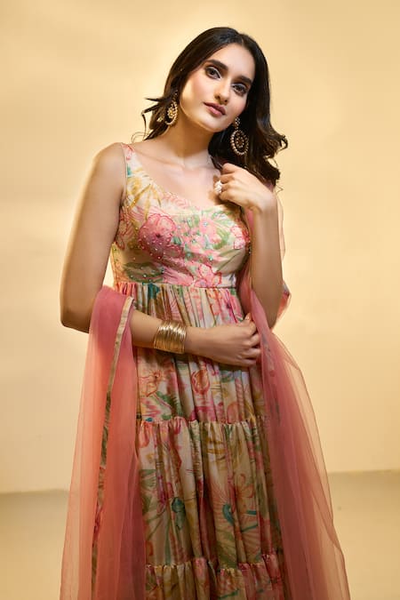 Buy Aariyana Couture Multi Color Tissue Embroidery, Sequins Boat Neck Floral Print Tiered Dress Online at Aza Fashions Buy_Aariyana Couture_Multi Color Tissue Embroidery, Sequins Boat Neck Floral Print Tiered Dress _Online_at_Aza_Fashions