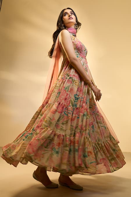 Buy Aariyana Couture Multi Color Tissue Embroidery, Sequins Boat Neck Floral Print Tiered Dress Buy_Aariyana Couture_Multi Color Tissue Embroidery, Sequins Boat Neck Floral Print Tiered Dress