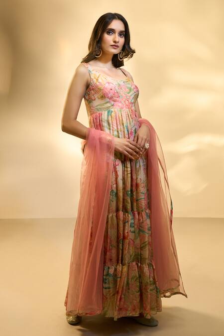 Shop Aariyana Couture Multi Color Tissue Embroidery, Sequins Boat Neck Floral Print Tiered Dress Shop_Aariyana Couture_Multi Color Tissue Embroidery, Sequins Boat Neck Floral Print Tiered Dress