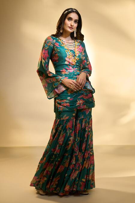 Aariyana Couture_Green Pearls, Applique, Embroidery Floral Print Ruched Tunic And Sharara Set _Online_at_Aza_Fashions
