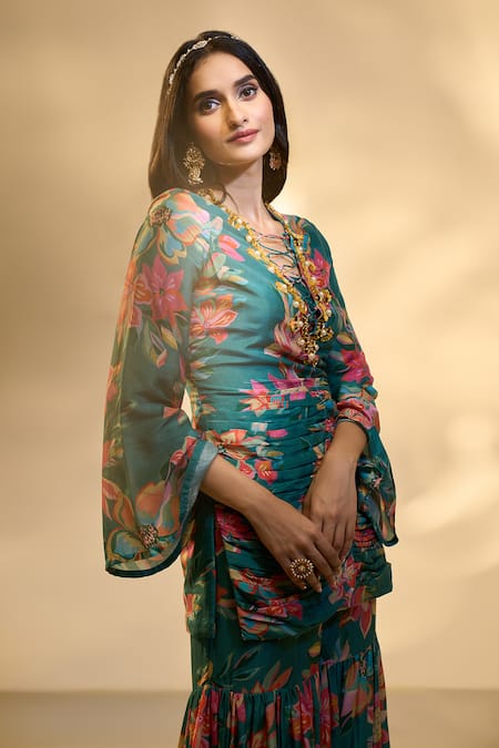 Buy_Aariyana Couture_Green Pearls, Applique, Embroidery Floral Print Ruched Tunic And Sharara Set _Online_at_Aza_Fashions