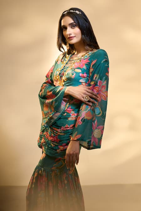 Aariyana Couture_Green Pearls, Applique, Embroidery Floral Print Ruched Tunic And Sharara Set _at_Aza_Fashions