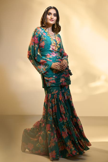 Buy_Aariyana Couture_Green Pearls, Applique, Embroidery Floral Print Ruched Tunic And Sharara Set 