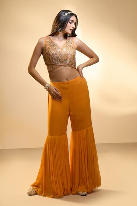 Aariyana Couture_Orange Silk, Georgette Sequins, Embroidery, Cut Floral Blouse And Sharara Set _Online_at_Aza_Fashions