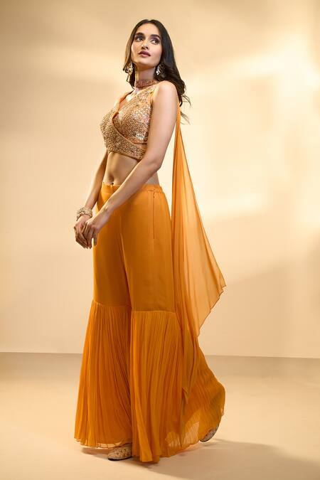 Buy_Aariyana Couture_Orange Silk, Georgette Sequins, Embroidery, Cut Floral Blouse And Sharara Set _Online_at_Aza_Fashions