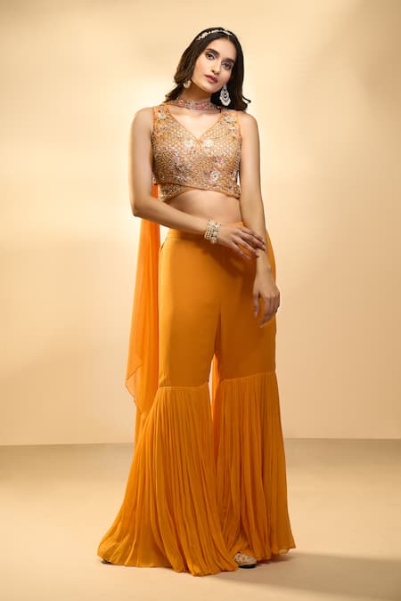 Shop_Aariyana Couture_Orange Silk, Georgette Sequins, Embroidery, Cut Floral Blouse And Sharara Set _Online_at_Aza_Fashions