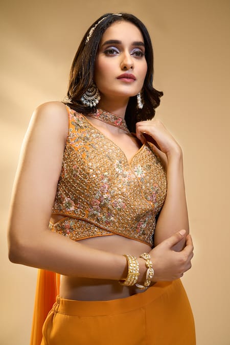 Buy_Aariyana Couture_Orange Silk, Georgette Sequins, Embroidery, Cut Floral Blouse And Sharara Set 