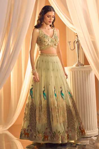 Buy Aariyana Couture Blue Silk, Georgette Embroidery V-neck Peacock Lehenga Set Online at Aza Fashions Buy_Aariyana Couture_Blue Silk, Georgette Embroidery V-neck Peacock Lehenga Set _Online_at_Aza_Fashions